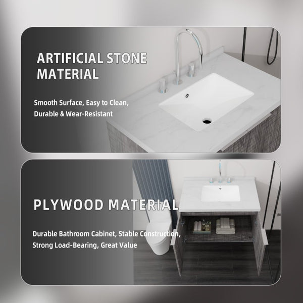 English Elm 30 Inch Floating Bathroom Vanity with Marble Top Undermount Sink and Soft Close Door Grey Carrara White - B B2775S00122