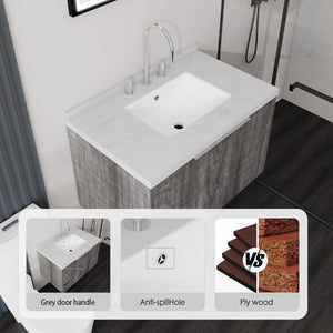 English Elm 30 Inch Floating Bathroom Vanity with Marble Top Undermount Sink and Soft Close Door Grey Carrara White - B B2775S00122