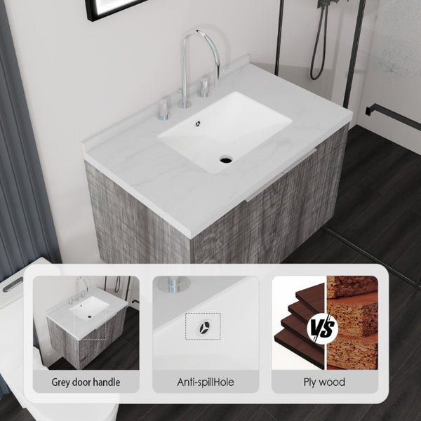 English Elm 30 Inch Floating Bathroom Vanity with Marble Top Undermount Sink and Soft Close Door Grey Carrara White - B B2775S00122