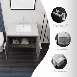 English Elm 30 Inch Floating Bathroom Vanity with Marble Top Undermount Sink and Soft Close Door Grey Carrara White - B B2775S00122