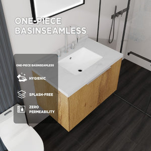English Elm 30 Inch Floating Bathroom Vanity with Marble Top Undermount Sink and Soft Close Door Oak Carrara White - B B2775S00123