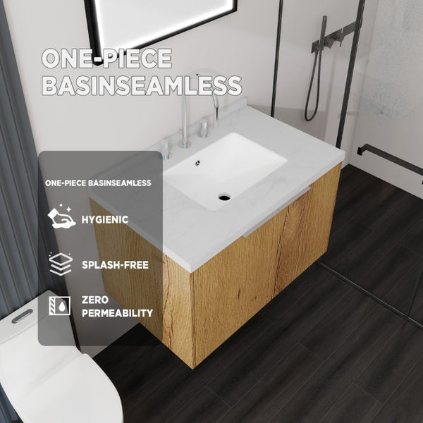 English Elm 30 Inch Floating Bathroom Vanity with Marble Top Undermount Sink and Soft Close Door Oak Carrara White - B B2775S00123