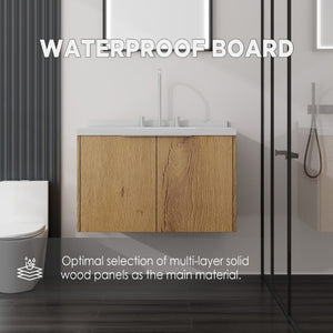 English Elm 30 Inch Floating Bathroom Vanity with Marble Top Undermount Sink and Soft Close Door Oak Carrara White - B B2775S00123