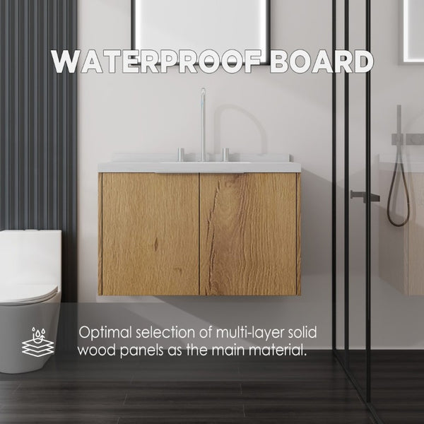 English Elm 30 Inch Floating Bathroom Vanity with Marble Top Undermount Sink and Soft Close Door Oak Carrara White - B B2775S00123