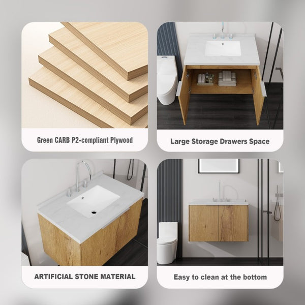 English Elm 30 Inch Floating Bathroom Vanity with Marble Top Undermount Sink and Soft Close Door Oak Carrara White - B B2775S00123