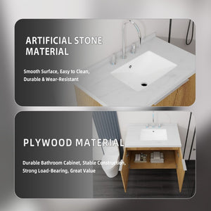 English Elm 30 Inch Floating Bathroom Vanity with Marble Top Undermount Sink and Soft Close Door Oak Carrara White - B B2775S00123