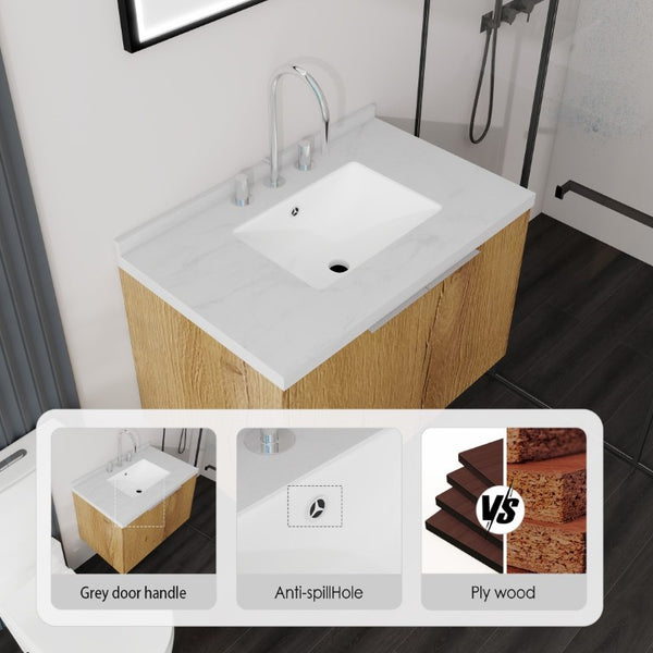 English Elm 30 Inch Floating Bathroom Vanity with Marble Top Undermount Sink and Soft Close Door Oak Carrara White - B B2775S00123