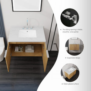 English Elm 30 Inch Floating Bathroom Vanity with Marble Top Undermount Sink and Soft Close Door Oak Carrara White - B B2775S00123