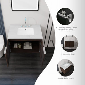 English Elm 30 Inch Floating Bathroom Vanity with Marble Top Undermount Sink and Soft Close Door Brown Carrara White B2775S00124
