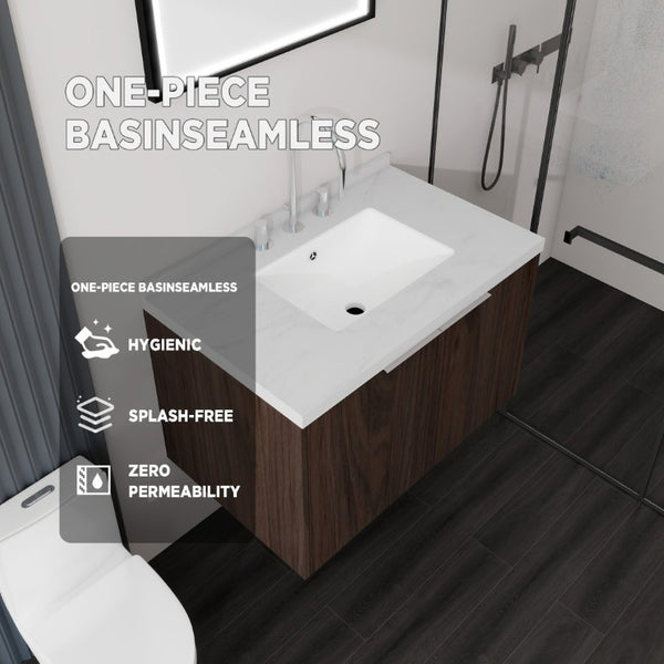 English Elm 30 Inch Floating Bathroom Vanity with Marble Top Undermount Sink and Soft Close Door Brown Carrara White B2775S00124