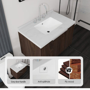 English Elm 30 Inch Floating Bathroom Vanity with Marble Top Undermount Sink and Soft Close Door Brown Carrara White B2775S00124