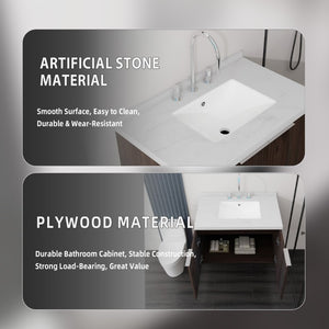English Elm 30 Inch Floating Bathroom Vanity with Marble Top Undermount Sink and Soft Close Door Brown Carrara White B2775S00124