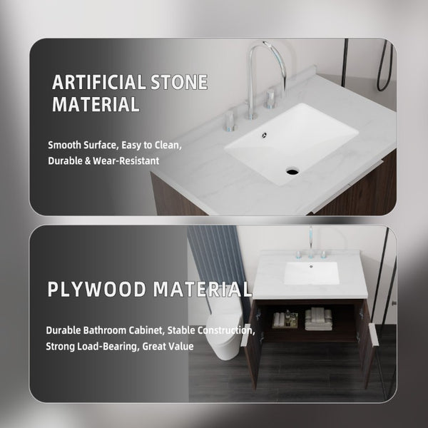 English Elm 30 Inch Floating Bathroom Vanity with Marble Top Undermount Sink and Soft Close Door Brown Carrara White B2775S00124