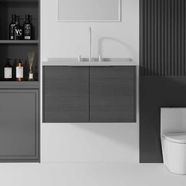English Elm 30 Inch Floating Bathroom Vanity with Marble Top Undermount Sink and Soft Close Door Grey Granite White - A B2775S00125