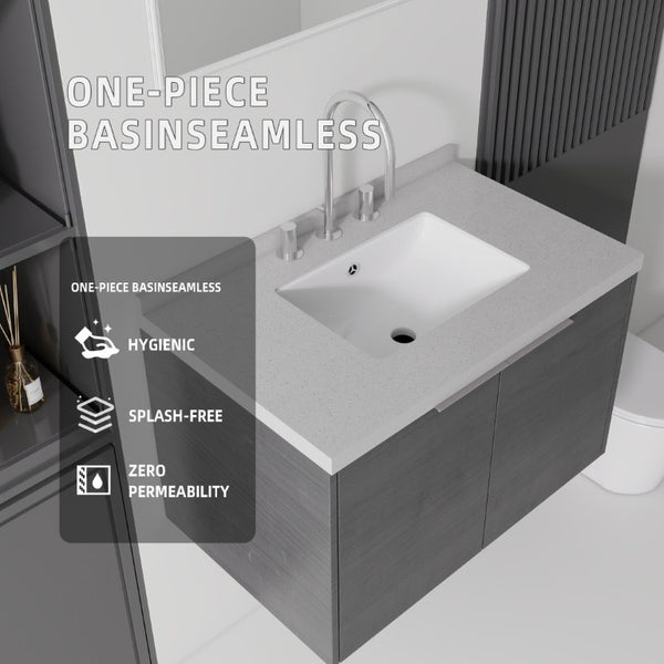 English Elm 30 Inch Floating Bathroom Vanity with Marble Top Undermount Sink and Soft Close Door Grey Granite White - A B2775S00125