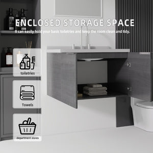 English Elm 30 Inch Floating Bathroom Vanity with Marble Top Undermount Sink and Soft Close Door Grey Granite White - A B2775S00125