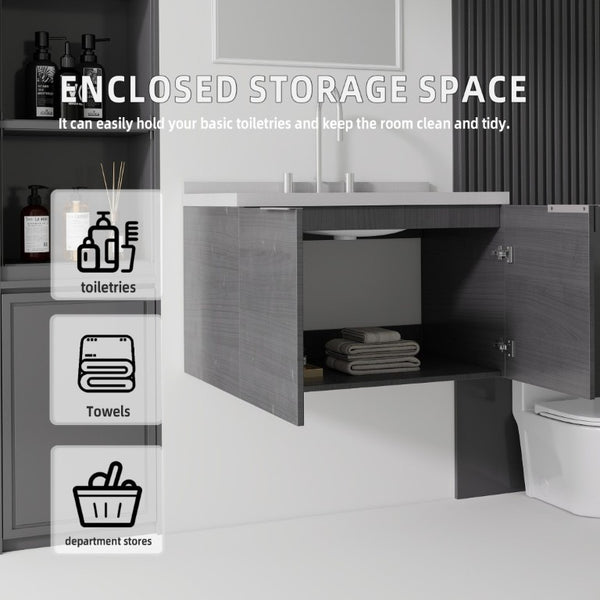 English Elm 30 Inch Floating Bathroom Vanity with Marble Top Undermount Sink and Soft Close Door Grey Granite White - A B2775S00125