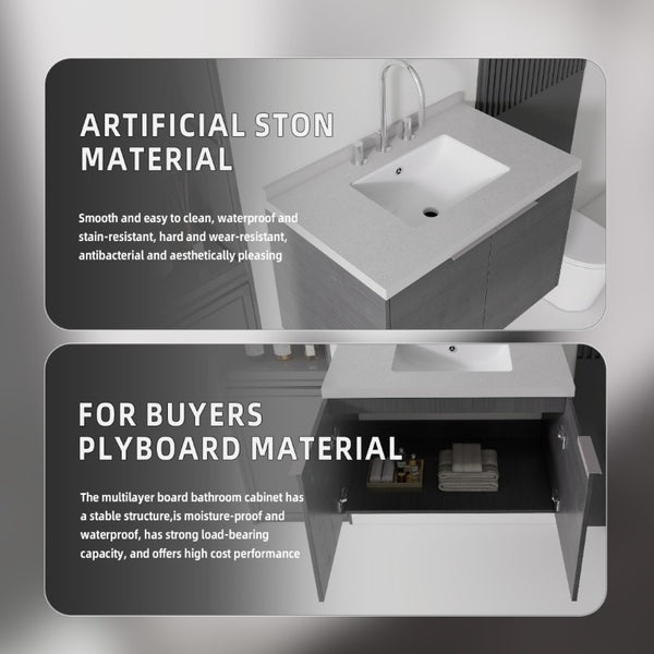 English Elm 30 Inch Floating Bathroom Vanity with Marble Top Undermount Sink and Soft Close Door Grey Granite White - A B2775S00125