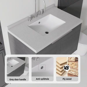 English Elm 30 Inch Floating Bathroom Vanity with Marble Top Undermount Sink and Soft Close Door Grey Granite White - A B2775S00125