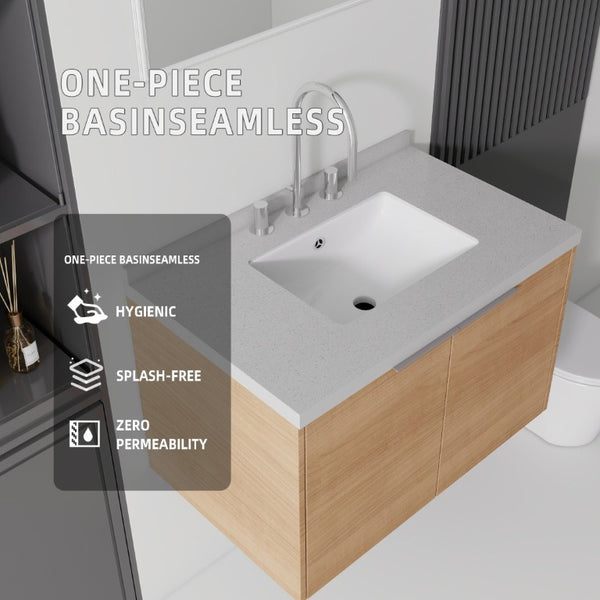 English Elm 30 Inch Floating Bathroom Vanity with Marble Top Undermount Sink and Soft Close Door Oak Granite White - A B2775S00126