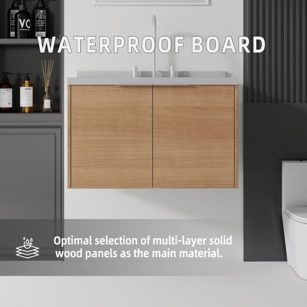English Elm 30 Inch Floating Bathroom Vanity with Marble Top Undermount Sink and Soft Close Door Oak Granite White - A B2775S00126