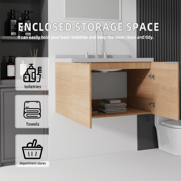 English Elm 30 Inch Floating Bathroom Vanity with Marble Top Undermount Sink and Soft Close Door Oak Granite White - A B2775S00126