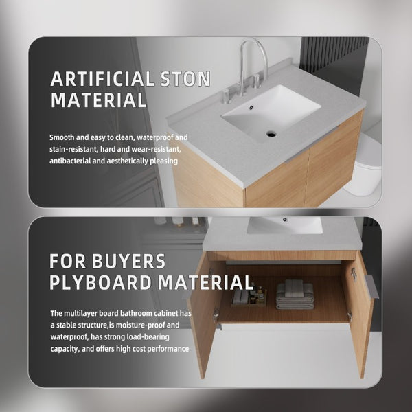 English Elm 30 Inch Floating Bathroom Vanity with Marble Top Undermount Sink and Soft Close Door Oak Granite White - A B2775S00126