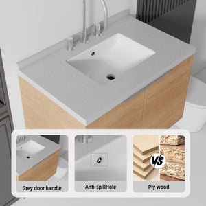 English Elm 30 Inch Floating Bathroom Vanity with Marble Top Undermount Sink and Soft Close Door Oak Granite White - A B2775S00126