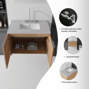 English Elm 30 Inch Floating Bathroom Vanity with Marble Top Undermount Sink and Soft Close Door Oak Granite White - A B2775S00126