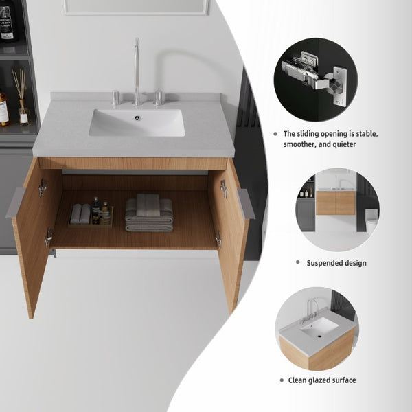 English Elm 30 Inch Floating Bathroom Vanity with Marble Top Undermount Sink and Soft Close Door Oak Granite White - A B2775S00126