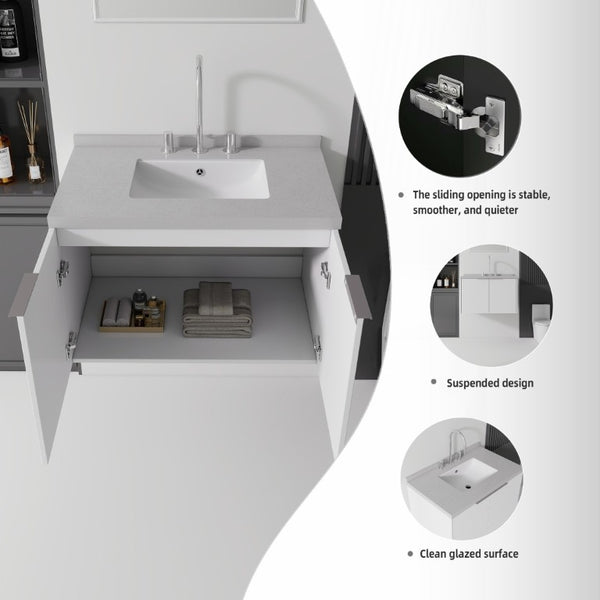 English Elm 30 Inch Floating Bathroom Vanity with Marble Top Undermount Sink and Soft Close Door White Granite White B2775S00127