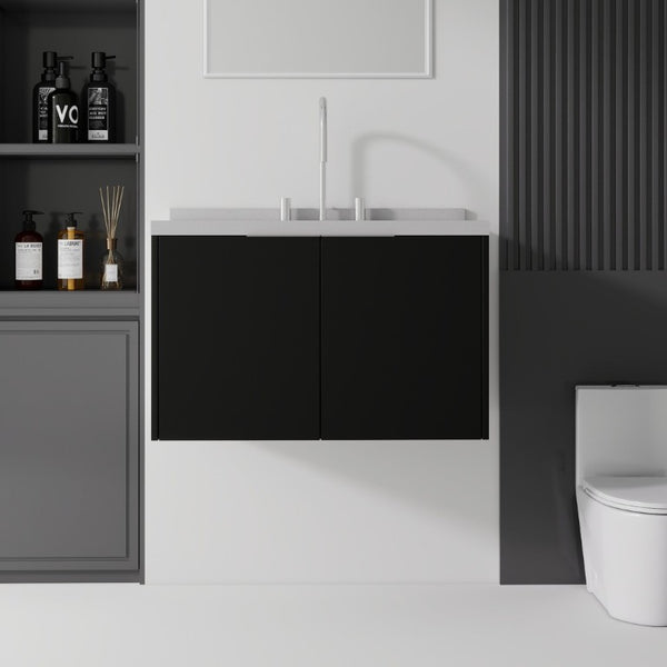 English Elm 30 Inch Floating Bathroom Vanity with Marble Top Undermount Sink and Soft Close Door Black Granite White B2775S00128