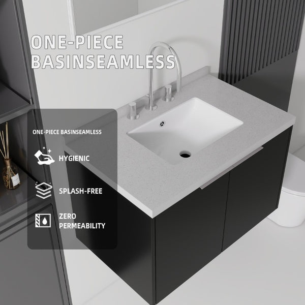 English Elm 30 Inch Floating Bathroom Vanity with Marble Top Undermount Sink and Soft Close Door Black Granite White B2775S00128