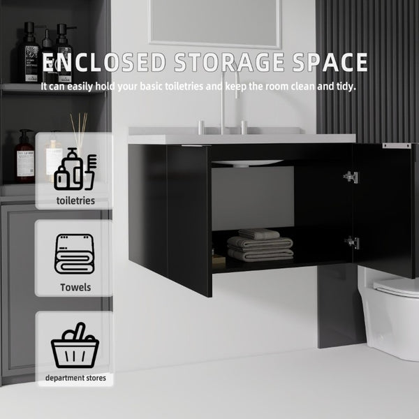 English Elm 30 Inch Floating Bathroom Vanity with Marble Top Undermount Sink and Soft Close Door Black Granite White B2775S00128