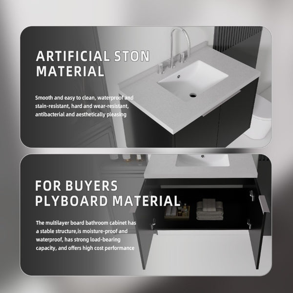 English Elm 30 Inch Floating Bathroom Vanity with Marble Top Undermount Sink and Soft Close Door Black Granite White B2775S00128