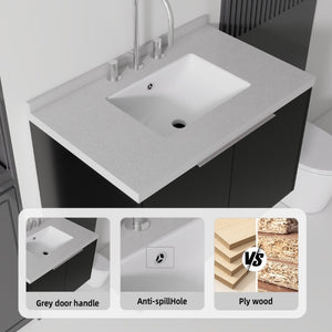 English Elm 30 Inch Floating Bathroom Vanity with Marble Top Undermount Sink and Soft Close Door Black Granite White B2775S00128