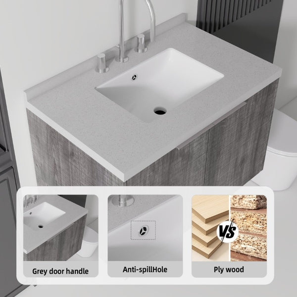 English Elm 30 Inch Floating Bathroom Vanity with Marble Top Undermount Sink and Soft Close Door Grey Granite White - B B2775S00129