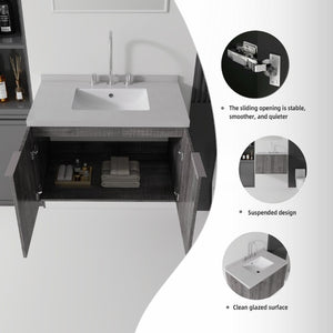 English Elm 30 Inch Floating Bathroom Vanity with Marble Top Undermount Sink and Soft Close Door Grey Granite White - B B2775S00129