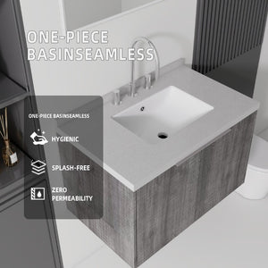 English Elm 30 Inch Floating Bathroom Vanity with Marble Top Undermount Sink and Soft Close Door Grey Granite White - B B2775S00129