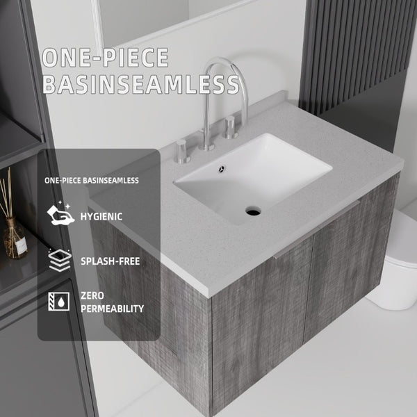 English Elm 30 Inch Floating Bathroom Vanity with Marble Top Undermount Sink and Soft Close Door Grey Granite White - B B2775S00129