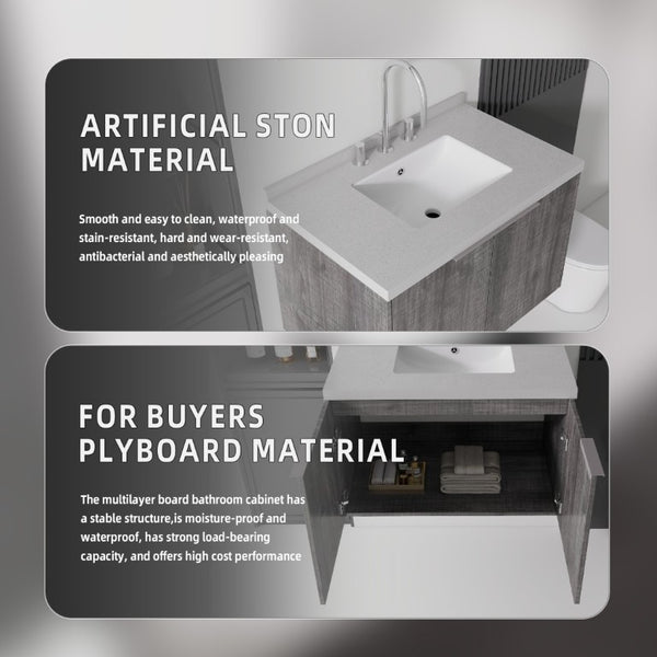 English Elm 30 Inch Floating Bathroom Vanity with Marble Top Undermount Sink and Soft Close Door Grey Granite White - B B2775S00129