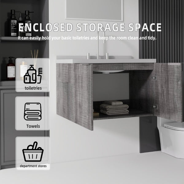 English Elm 30 Inch Floating Bathroom Vanity with Marble Top Undermount Sink and Soft Close Door Grey Granite White - B B2775S00129
