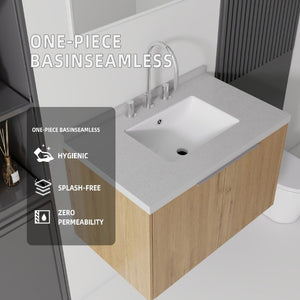 English Elm 30 Inch Floating Bathroom Vanity with Marble Top Undermount Sink and Soft Close Door Oak Granite White - B B2775S00130