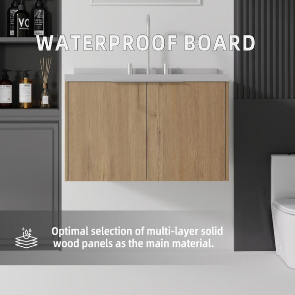 English Elm 30 Inch Floating Bathroom Vanity with Marble Top Undermount Sink and Soft Close Door Oak Granite White - B B2775S00130