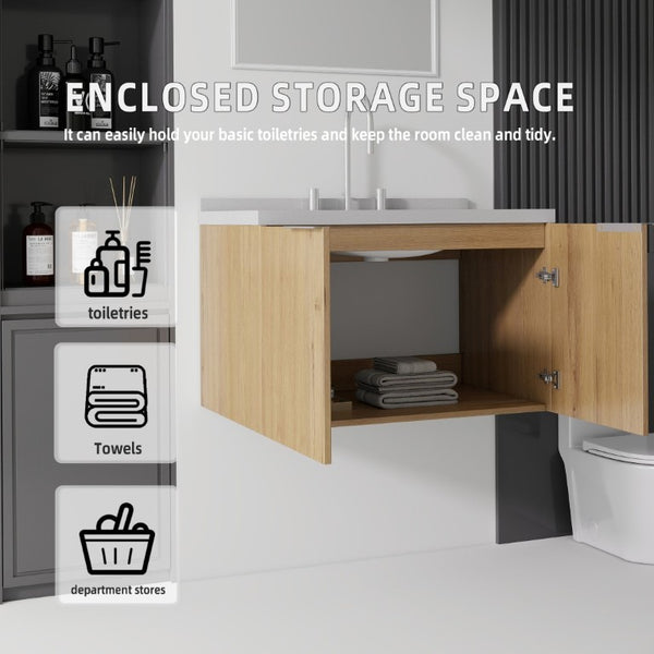 English Elm 30 Inch Floating Bathroom Vanity with Marble Top Undermount Sink and Soft Close Door Oak Granite White - B B2775S00130