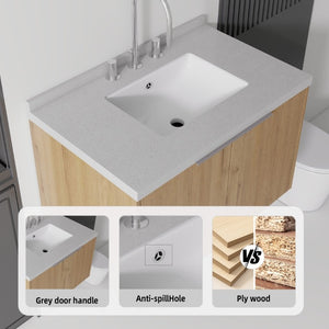 English Elm 30 Inch Floating Bathroom Vanity with Marble Top Undermount Sink and Soft Close Door Oak Granite White - B B2775S00130