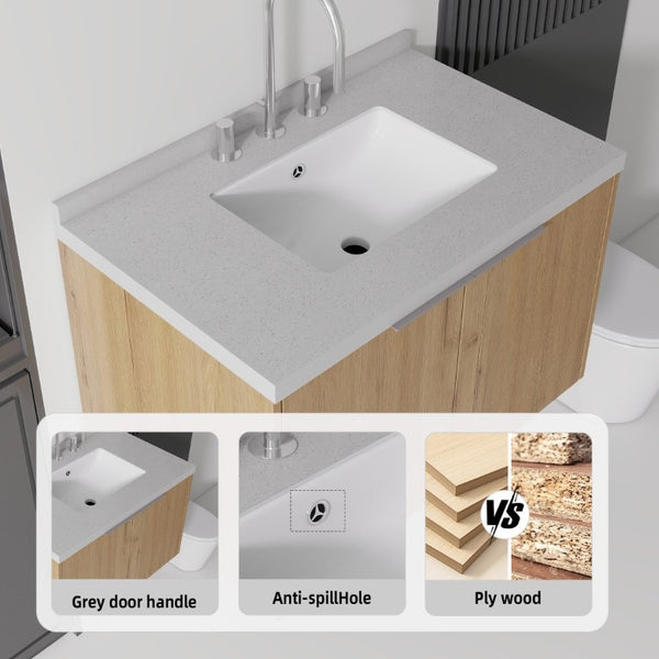 English Elm 30 Inch Floating Bathroom Vanity with Marble Top Undermount Sink and Soft Close Door Oak Granite White - B B2775S00130