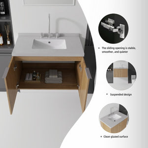 English Elm 30 Inch Floating Bathroom Vanity with Marble Top Undermount Sink and Soft Close Door Oak Granite White - B B2775S00130