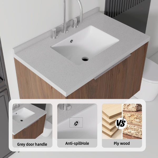 English Elm 30 Inch Floating Bathroom Vanity with Marble Top Undermount Sink and Soft Close Door Brown Granite White B2775S00131
