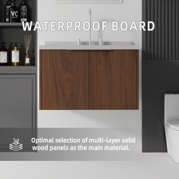 English Elm 30 Inch Floating Bathroom Vanity with Marble Top Undermount Sink and Soft Close Door Brown Granite White B2775S00131